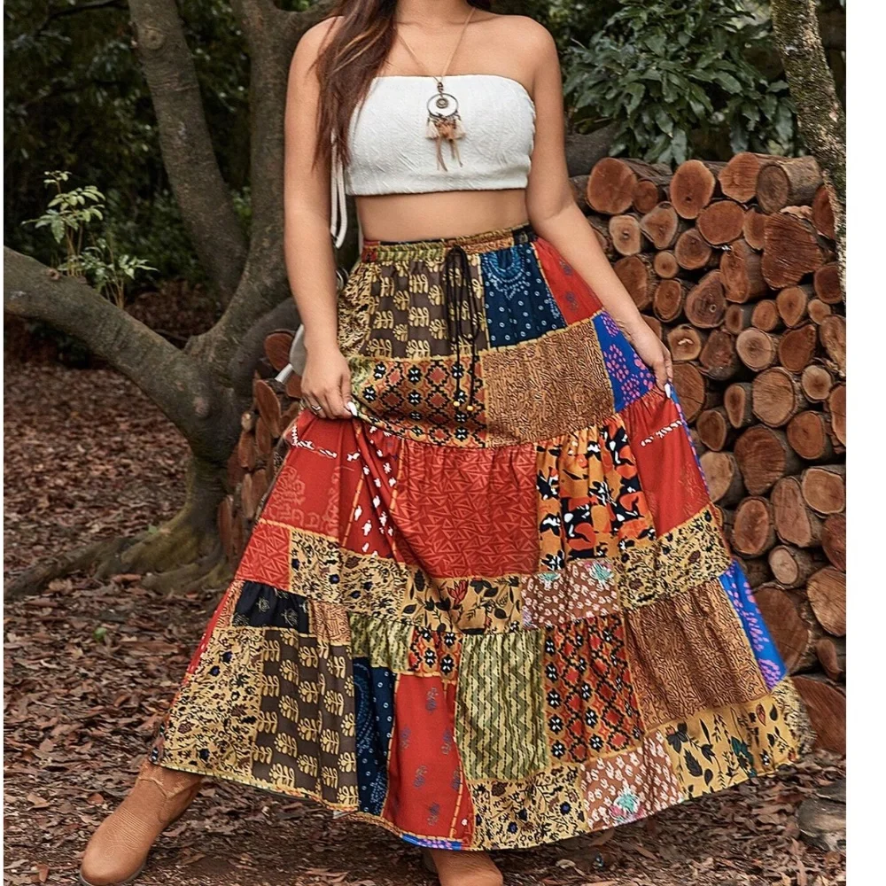 Plus floral print Patchwork Stretchy Waist Maxi Skirt - Picture 1 of 4